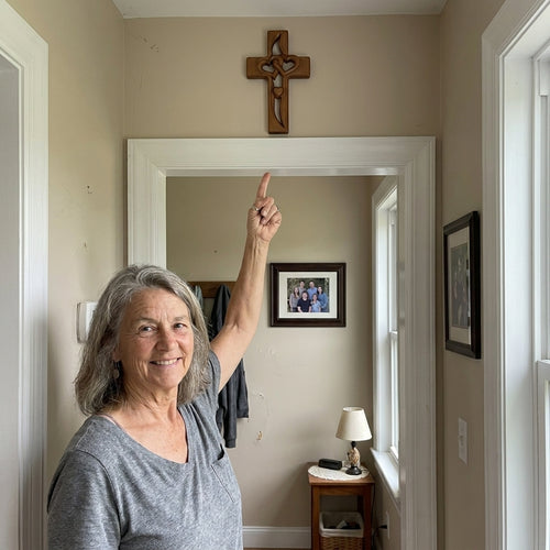 Above the door, where she sees it on the way out
