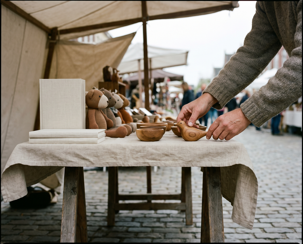 A handmade goods market stall with crocheted figures and linen-bound books